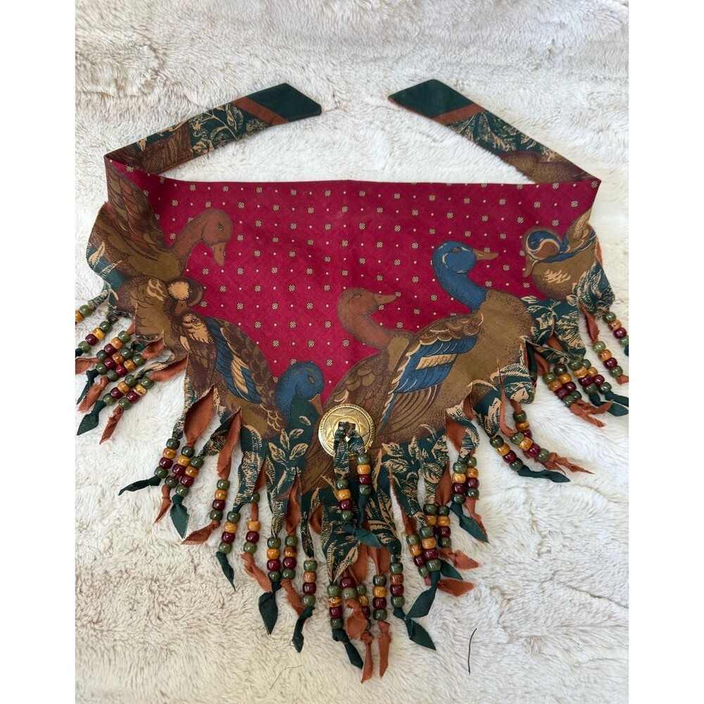 VTG Southwestern Mallard Duck Beaded Fringe Handkerchief Scarf Bandana Concho - Picture 1 of 7